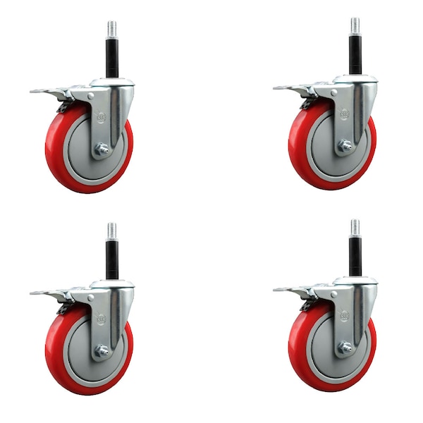 5'' Red Poly Swivel 3/4'' Expanding Stem Caster Set Total Lock Brake, 4PK
